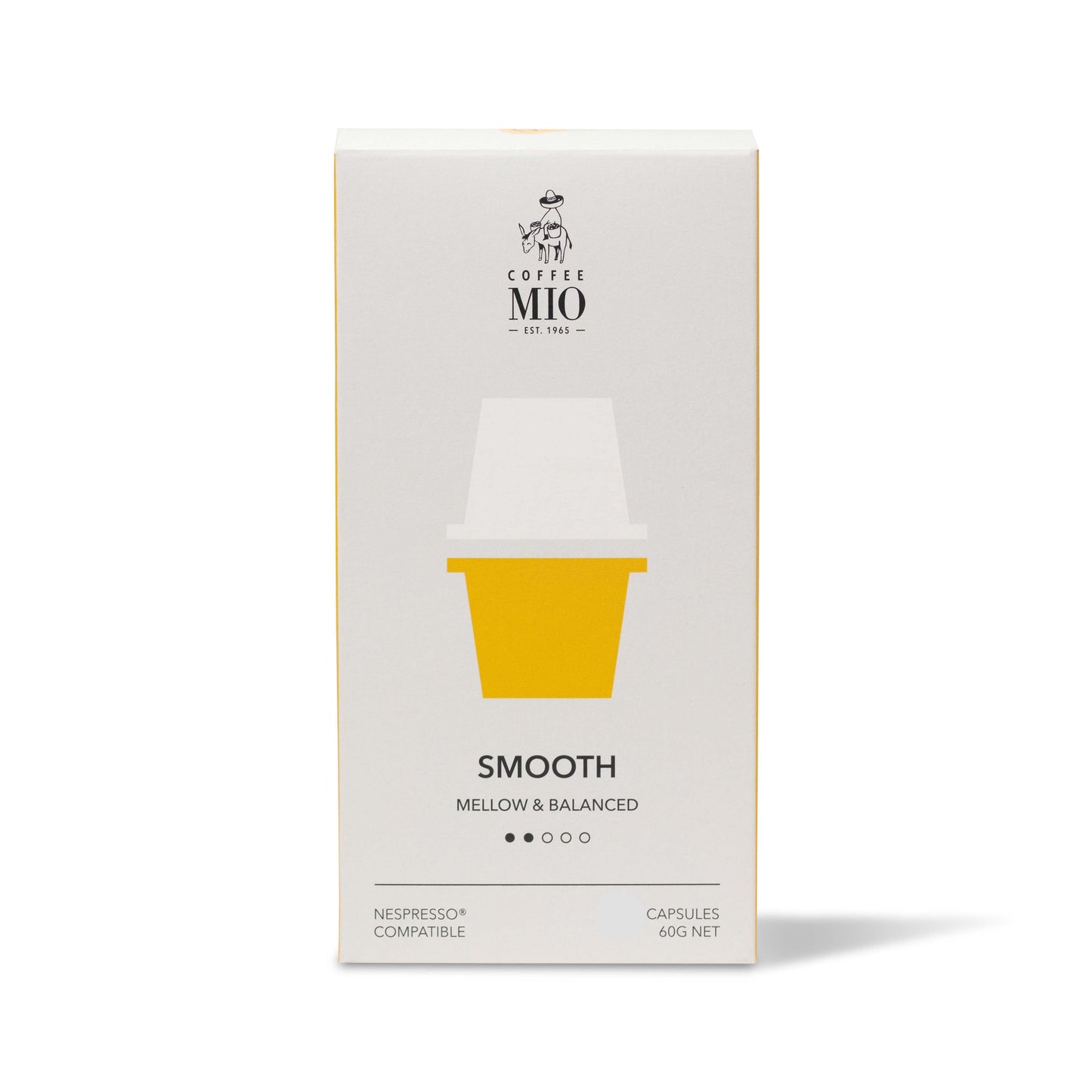 A box of MIO Smooth mellow balanced coffee capsules, with a yellow cup on the front, indicating 10 capsules and compatibility with Nespresso machines.