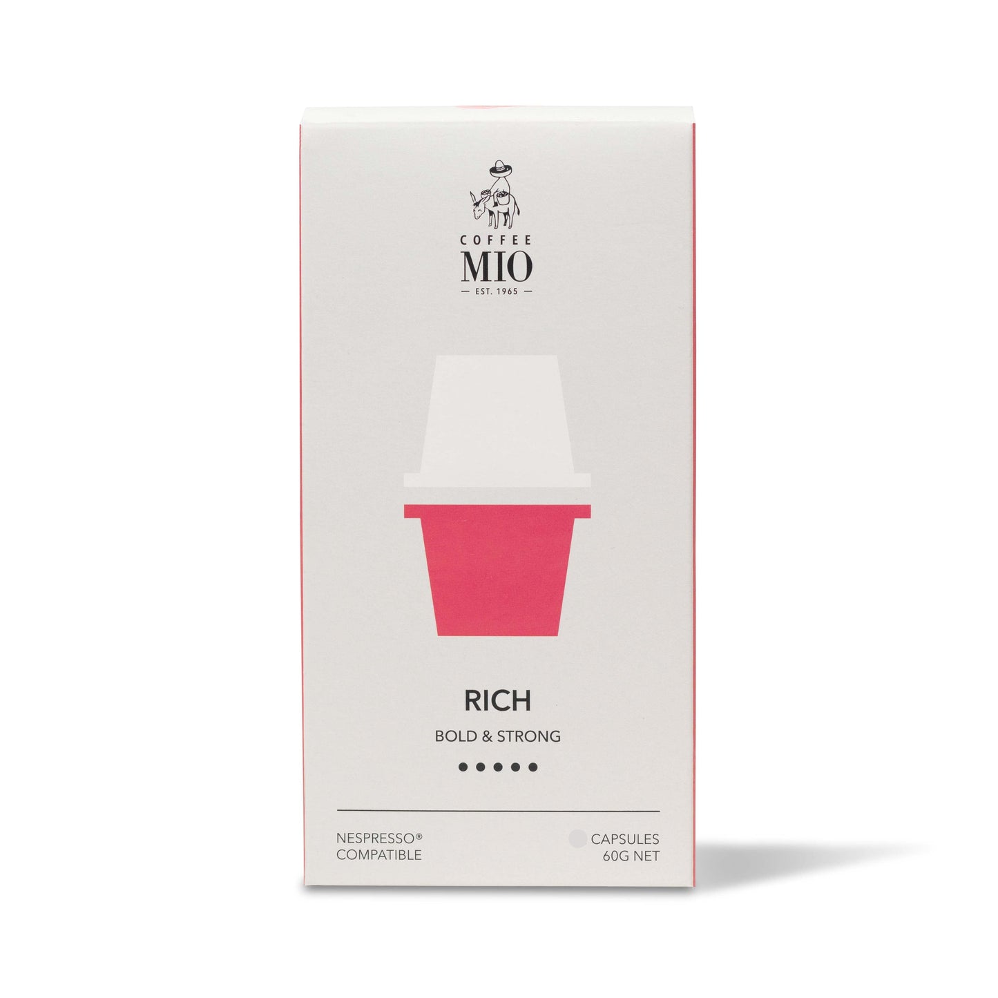 A box of MIO brand coffee capsules labeled 'RICH BOLD & STRONG' with a quantity of 10 capsules included. The box features a predominantly white design with a red coffee cup icon and the MIO logo at the top.