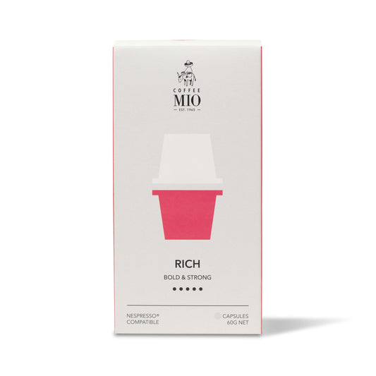 A box of MIO brand coffee capsules labeled 'RICH BOLD & STRONG' with a quantity of 10 capsules included. The box features a predominantly white design with a red coffee cup icon and the MIO logo at the top.