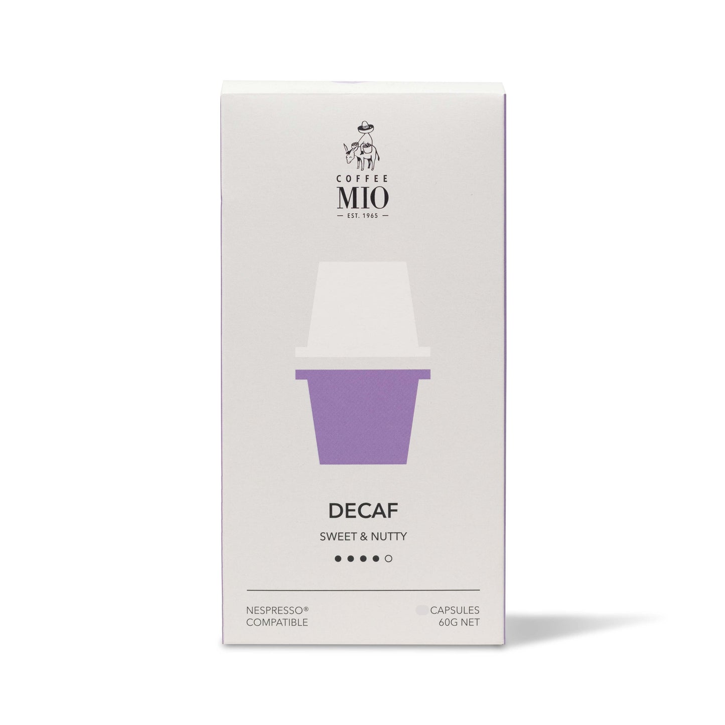 A box of MIO Decaf sweetness coffee capsules, with a purple cup design on the front, indicating 10 capsules compatible with Nespresso machines.