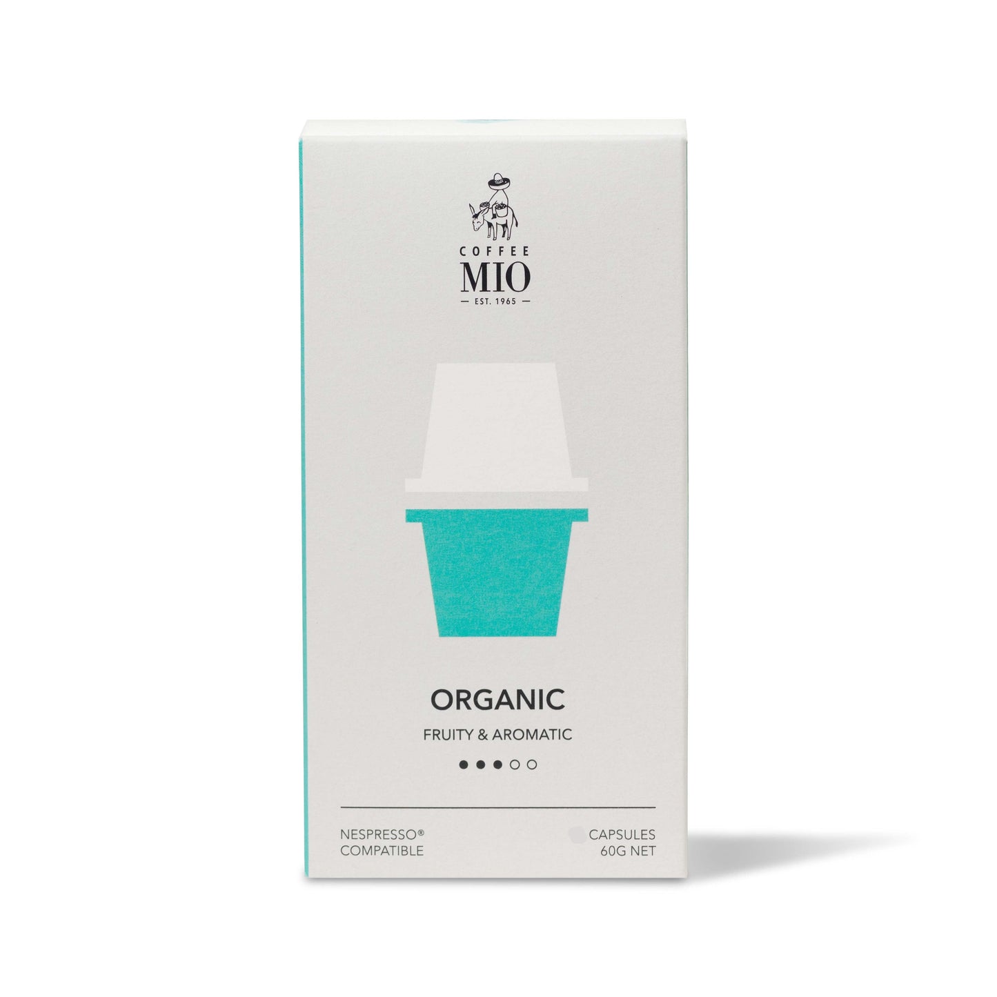 A box of MIO Organic coffee capsules with the brand's logo and a cup design on the front, indicating that the product is made with 100% recyclable materials and 10 capsules per box.