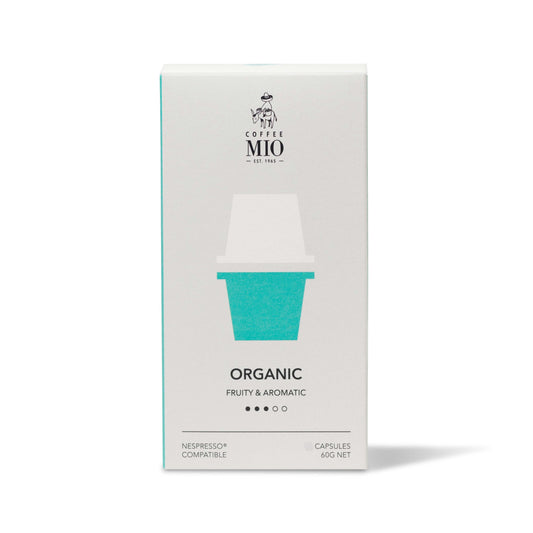 A box of MIO Organic coffee capsules with the brand's logo and a cup design on the front, indicating that the product is made with 100% recyclable materials and 10 capsules per box.